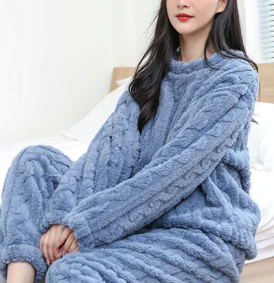 Winter Pajamas Sets Homewear Solid Color Loose Thickened Coral Velvet Pullover Long Sleeves And Trousers Warm Pajamas Indoor Outdoor Casual Clothes